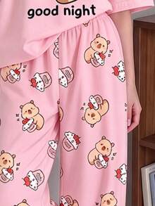 青少年女孩字母卡通印花上衣與長褲休閒日常居家睡衣套裝 - 彩色 - 查看 5