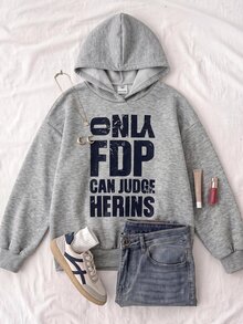 SHEIN 青少年女孩秋冬街頭風復古印花連帽長袖衛衣，適合日常、返校、通勤 - 淺灰色 - 查看 3
