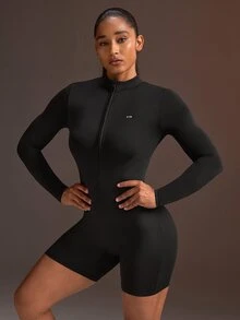 Powerista Women's Half-Zip Long Sleeve Athletic Romper - Black - View 5