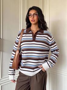 SHEIN EZwear 秋季新款學院風條紋針織上衣女款，適合日常通勤、約會、聚會，秋冬春夏通用，聖誕節、新年、感恩節、派對、婚禮、海灘、畢業季，時尚優雅休閒，適合外出、約會、通勤，亮眼情人節穿搭 - 彩色 - 查看 7