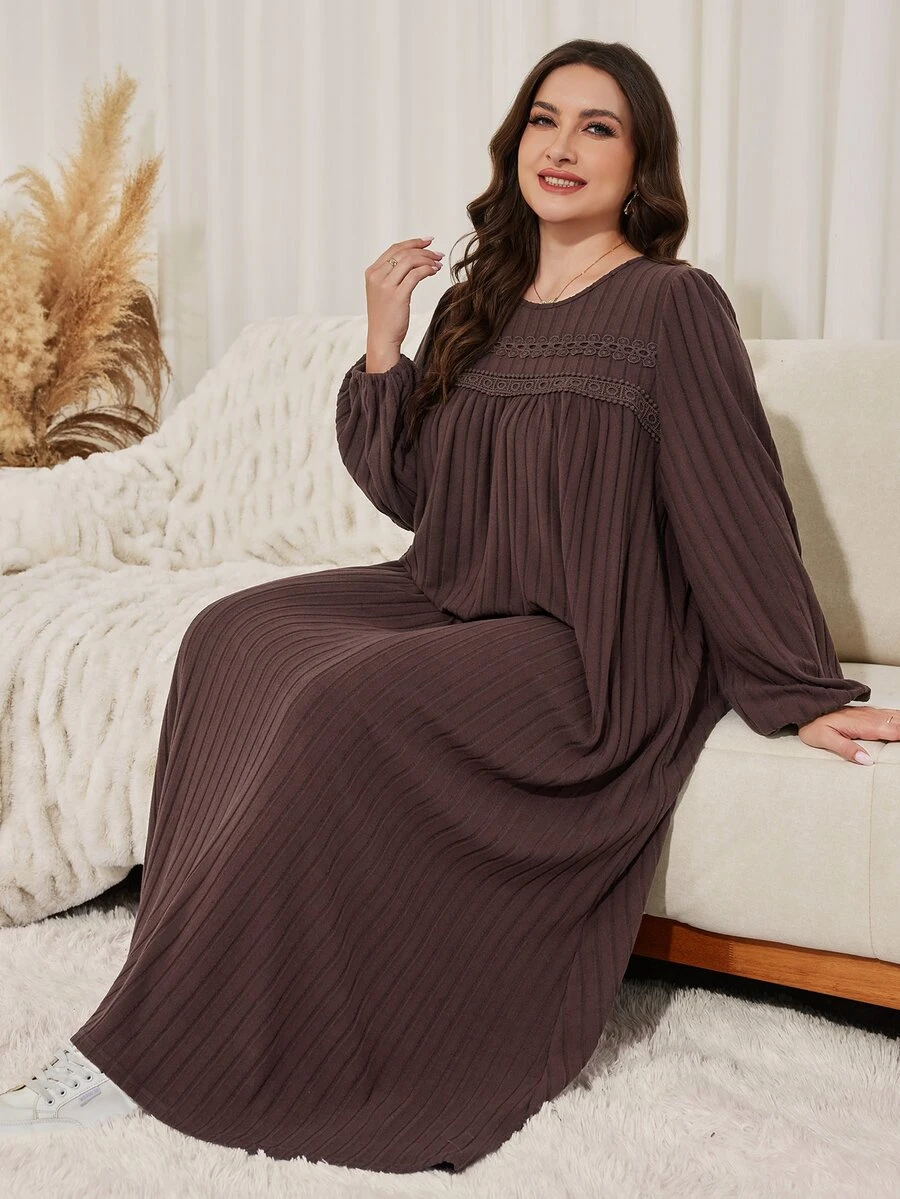 Lacomfia Minimalist Casual Solid Color Ribbed Trim Crew Neck Long Sleeve Loose Fit Regular Spring Autumn Plus Size Dress - Chocolate Brown - View 1