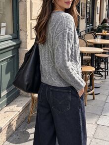 Autumina Cardigan Rajut Kabel Warna Polos, Jaket Sweater Kancing Tunggal Warna Polos, Cocok Untuk Pakaian Kasual Di Musim Gugur Dan Musim Dingin - Grey - View 2