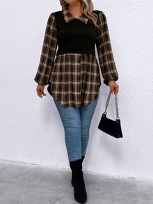SHEIN LUNE Plus Size Casual Plaid Patchwork Knit Ribbed Fabric Lantern Sleeve Swallowtail Collar Women's Blouse Shirt - Multicolor - View 4