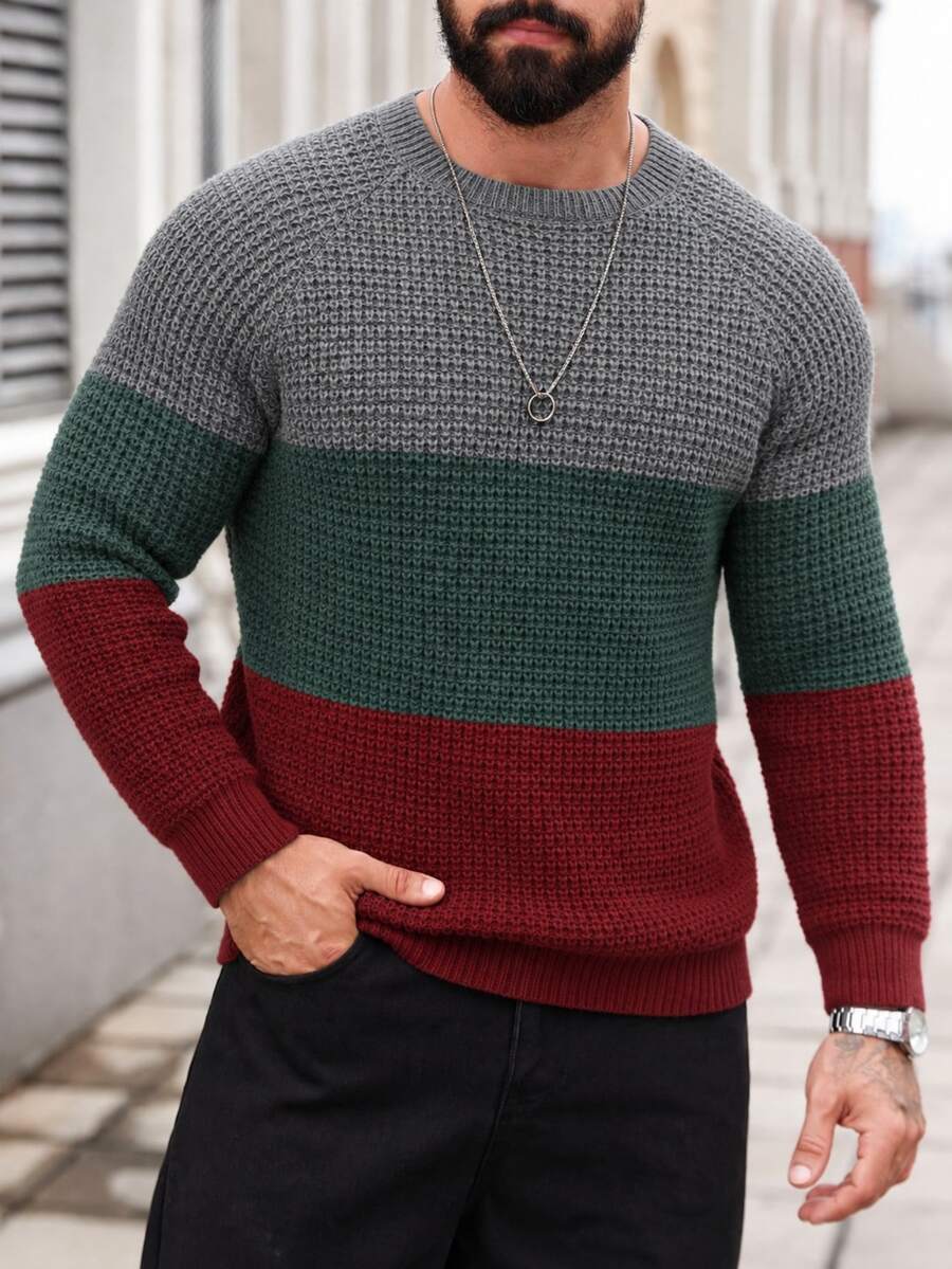 Manfinity Homme 男士對比色極簡圓領長袖毛衣,休閒日常穿搭大地色系男士針織衫,老錢風 - 酒紅色 - 查看 1