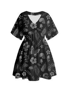 ROMWE Gothic Dark Punk Mysterious V-Neck Plus Size Dress - Black - View 1