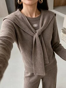 Rue Lumi Women's Autumn/Winter 2 Pieces Set Round Neck 2 In 1 Navy Collar Long Sleeve Sweater Set - Khaki - View 3