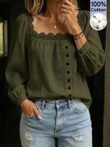 SHEIN 女款 100% 純棉蕾絲領開襟長袖襯衫 - 墨綠色 - 查看 4