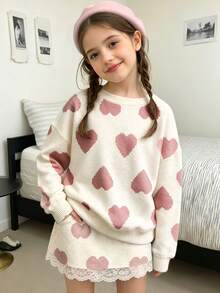 Tween Girl Casual Minimalist Loose Round Neck Comfortable Long Sleeve Sweatshirt, Suitable For Autumn/Winter, Classic Pixel Heart Pattern Print - White - View 2