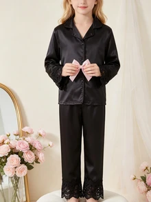 女款高級舒適純色長袖睡衣上衣與長褲兩件套家居服 - 黑色 - 查看 4