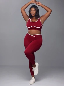 Voyena Plus Size Colorblock Tank Top And Criss-Cross Waist Long Pants Set - Red - View 3