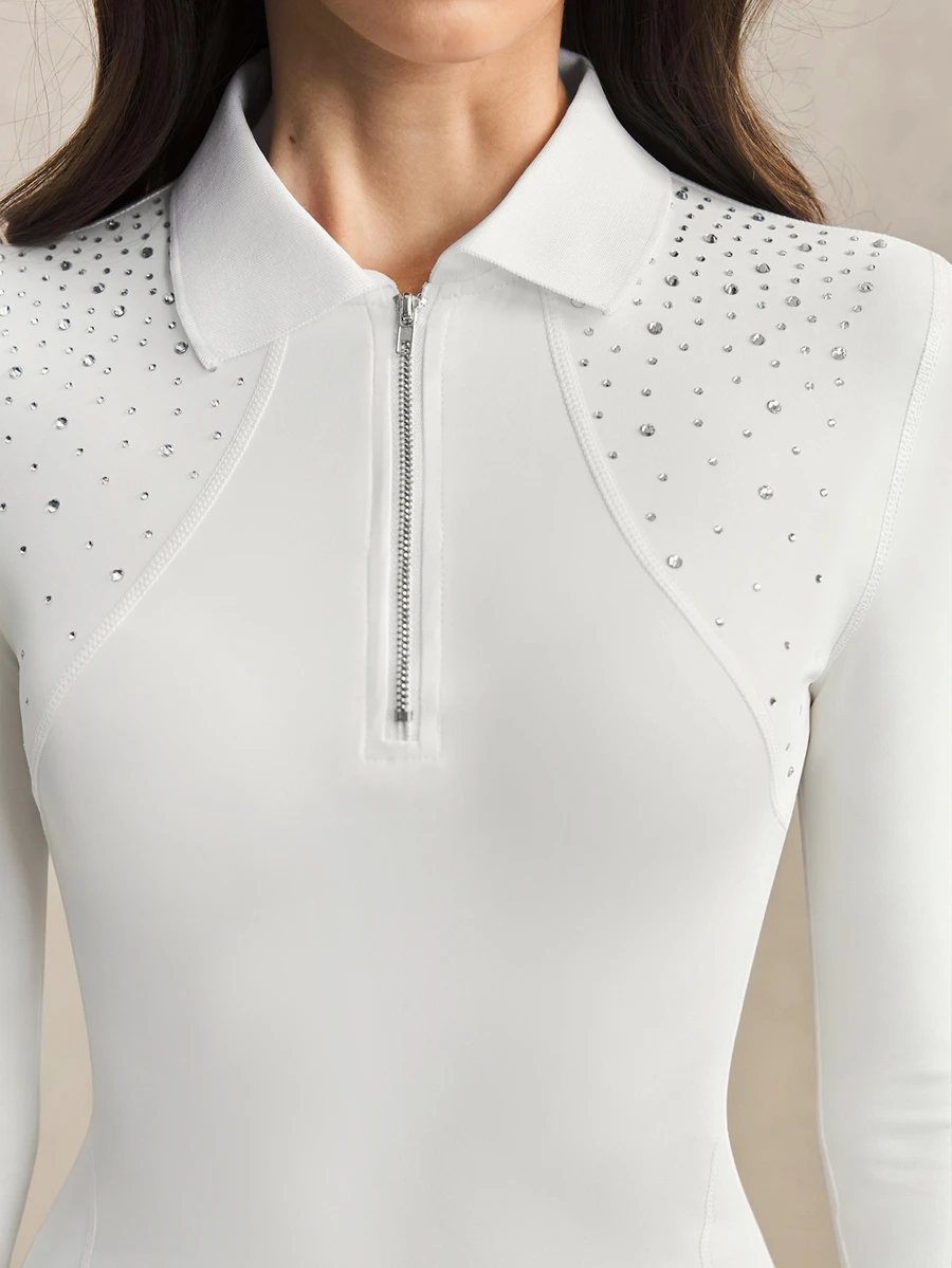 Activina 女款純色水鑽設計長袖運動 Polo 衫 - 白色 - 查看 1