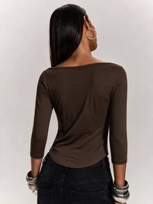 SHEIN BAE Fall Clothes Winter Clothes Women's Solid Color Boat Neck Slim Fit Casual 3/4 Sleeve T-Shirt Fall Clothes For Women ,Summer, Winter Clothes Casual Top - Coffee Brown - View 2