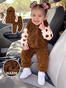 SHEIN Baby Girl Heart Print Thick Plush Patchwork Contrast Color Hooded Zip-Up Jacket With Cuffed Hem And Straight Leg Solid Color Plush Pants, Suitable For Winter - Brown - View 1