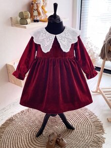 SHEIN Baby Girl Velvet Thick Long Sleeve Ruched Waist Lace Embroidered Peter Pan Collar Loose Long Dress Suitable For Winter Christmas - Burgundy - View 8
