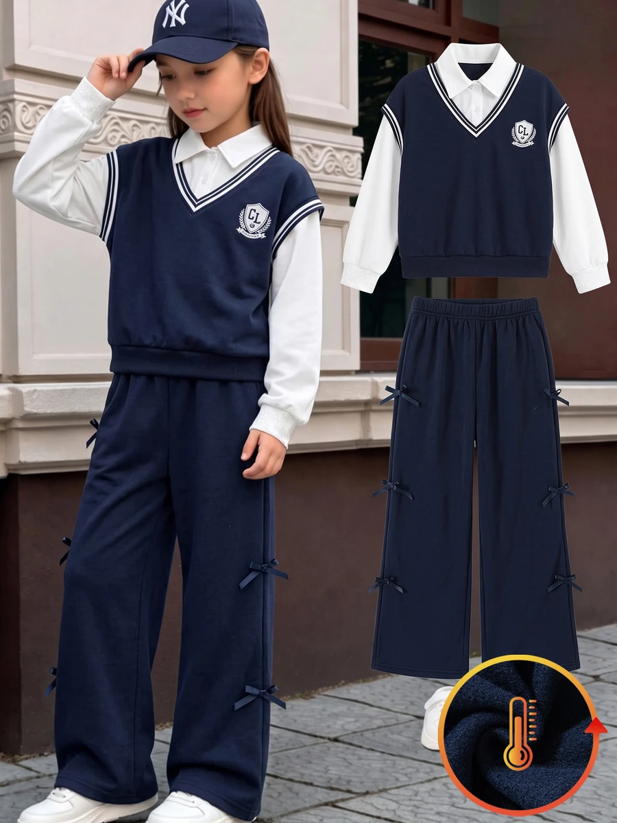 SHEIN 青少年女孩學院風毛衣背心上衣與寬腿長褲兩件套,抓絨內裡套裝,適合秋冬 - 藍色 - 查看 1