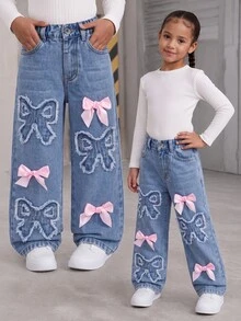 Genkimix Kids Celana Jeans Denim Bordir Aplikasi Kupu-kupu Lucu untuk Anak Perempuan, Desain Pita Busur Merah Muda, Celana Panjang Lurus Warna Biru Muda, Pakaian Gaya Manis Y2K untuk Anak-anak - Medium Wash - View 3
