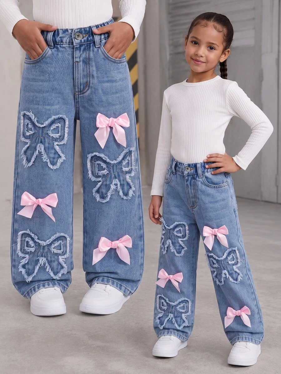 Genkimix Kids Girls' Cute Butterfly Applique Embroidered Denim Jeans, Pink Bow Ribbon Design, Light Blue Washed Straight Leg Long Pants, Children's Fashion Y2K Sweet Style Outfit - Medium Wash - View 1