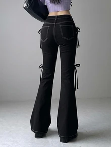 FRIFUL Celana Jeans Wanita Seksi dengan Kancing, Saku, dan Tali Pengikat Model Flare - Hitam - View 2
