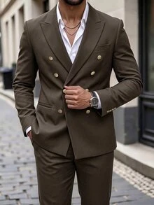 Manfinity Mode Men's Dark Brown Double-Breasted Gold Button Suit Set, Business Slim Fit Wedding Banquet 2 Pieces - Brown - View 6