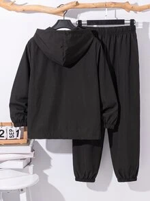 SHEIN 2件組小男孩休閒日常百搭舒適拼接連帽半拉鍊套頭寬鬆長袖外套與寬鬆慢跑長褲，梭織兩件套，適合學校、花園、海灘 - 彩色 - 查看 2