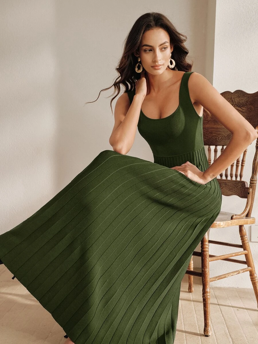 Anewsta Essential Gaun Lipit Pas Badan Rajut Tebal Warna Polos Elegan untuk Wanita, Musim Panas - Olive Green - View 1