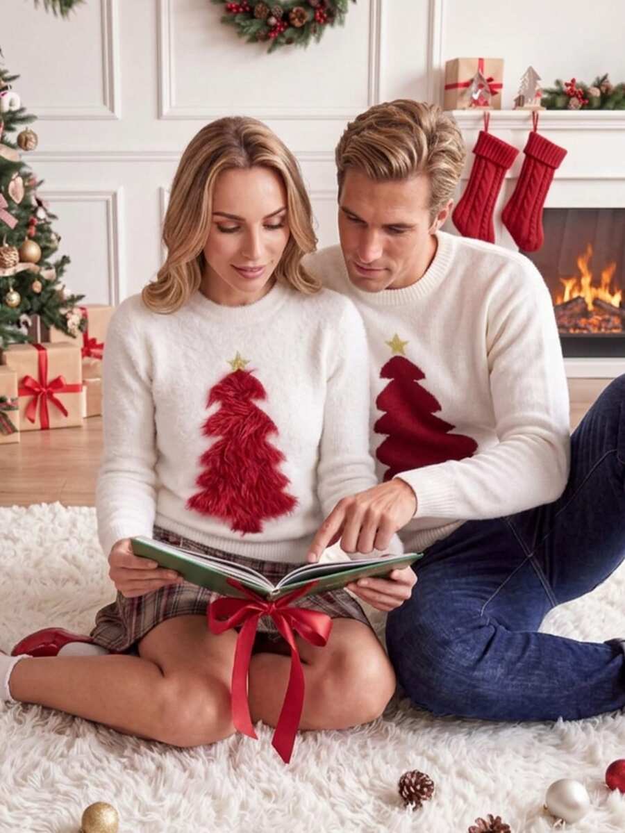 Men's Crew Neck Christmas Tree Sweater - White - View 1