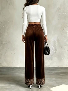 LUMIGAL Winter Women's Elegant Leopard Print Patchwork Button Trousers Business - Black - View 2