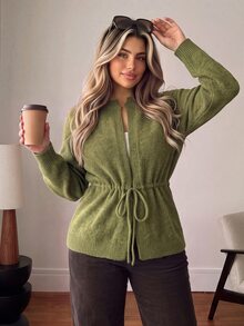 Vionelle Plus Size Vintage Lace-Up Long Sleeve Knit Cardigan - Green - View 1