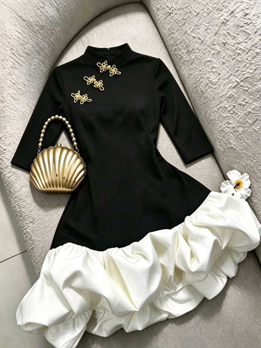GlowEve CURVE 女款大尺碼黑白拼接牛奶絲泡泡裙收腰洋裝,小立領、盤扣裝飾,優雅設計,適合婚禮、宴會、派對,長袖小黑裙,荷葉邊裙襬 - 彩色 - 查看 1