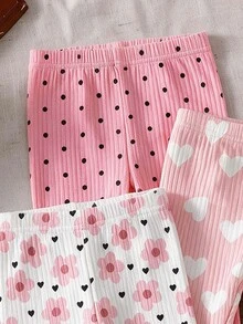 SHEIN 3件組幼兒女嬰褲 可愛粉色白色愛心花朵波點 羅紋針織 標準版型 荷葉邊 舒適保暖 秋季公主風 女嬰女童 假日冬季休閒 - 彩色 - 查看 5