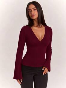 SHEIN BAE 女款休閒百搭長袖抓皺上衣，適合日常穿著 - 酒紅色 - 查看 5