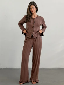 DAZY Women's Frill Trim Single-Breasted Top And Long Pants Pajama Set - Brown - View 10
