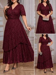 Reflora Plus Size Summer Elegant Jacquard Dress Wedding Formal Evening Dark Purple - Burgundy - View 5