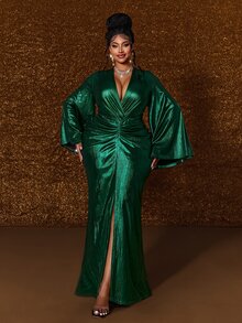 Maweii Plus Size Women's Metallic Texture V-Neck Bell Sleeve Slit Hem Elegant Fitted Long Dress - Green - View 3