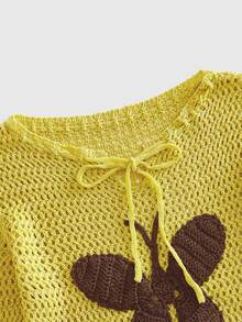 ROMWE Autumn/Winter Fairycore Semi-Hollow Crochet Butterfly Women's Sweater - Pale Yellow - View 4