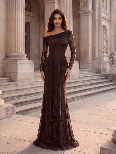 Coutiva Women's Asymmetrical Shoulder Long Sleeve Lace Waist Tie Fishtail Hem Elegant Formal Evening Gown (Heavy Workmanship)
