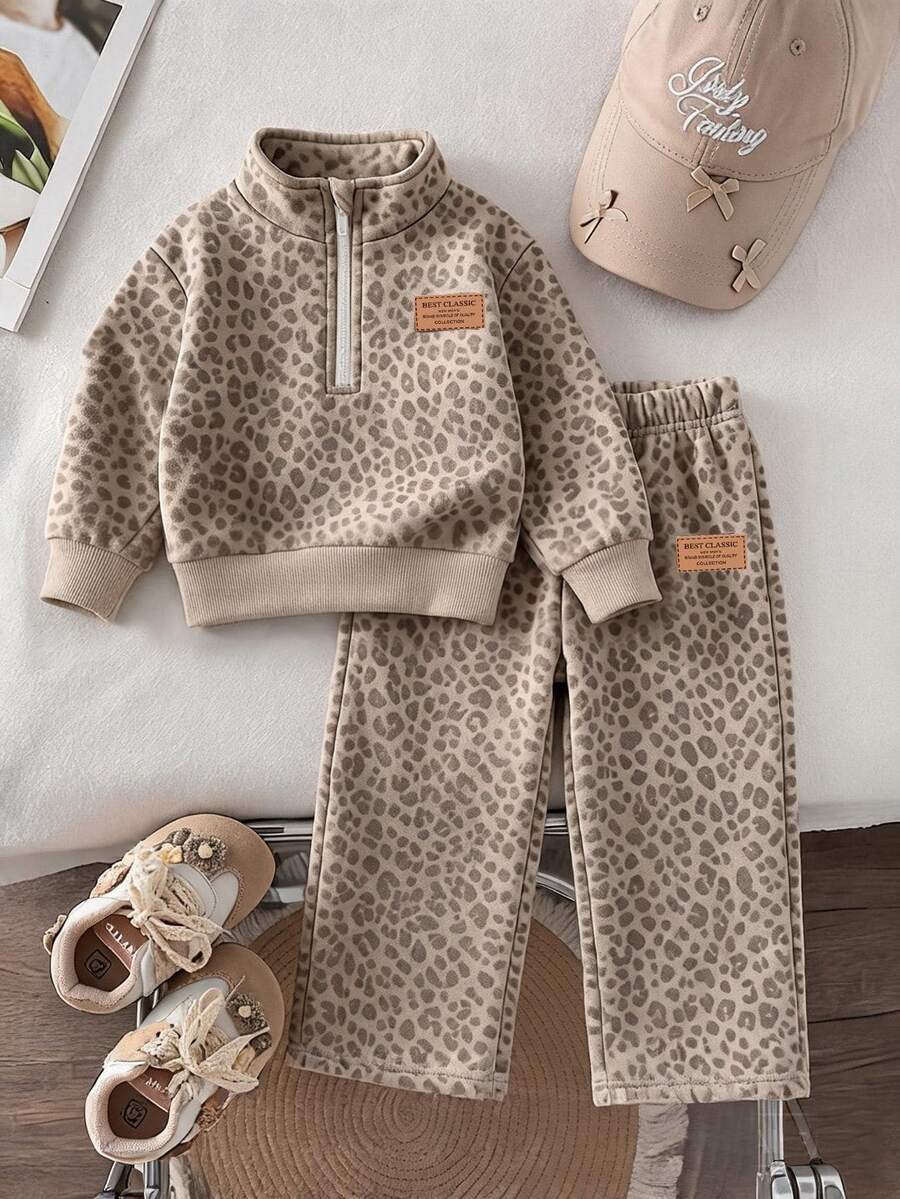Girls 2 Pieces Casual Fashion Spring/Autumn/Winter Set, Stand Collar Sweatshirt And Wide Leg Sweatpants, Sweet Cool Leopard Print, Soft Fabric - Multicolor - View 1