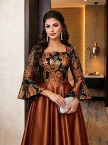 Auveirra Plus Size Women's Floral Jacquard Square Neck Flare Sleeve Elegant Dress Fall - Brown - View 8