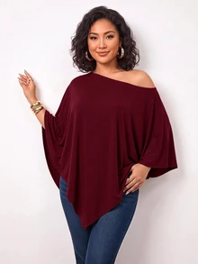 Enliva Plus-Size Knitted One-Shoulder Asymmetrical Pleated Cape Top - Burgundy - View 4