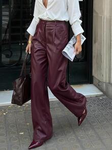 DAZY Fashionable High-Waist Button Pleated PU Material Suit Pants - Red Violet - View 6