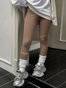 Dazy Kids 青少年女孩標語印花彈性腰休閒修身緊身褲 - 卡其色 - 查看 6