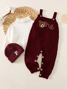SHEIN 新生兒男嬰女嬰秋冬裝 卡其色針織連身衣 熊圖案手工刺繡吊帶褲毛衣，舒適時尚日常可愛復古經典百搭簡約多功能 - 酒紅色 - 查看 4