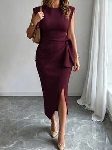 Elenzga Women's Plus Size French Elegant Solid Color Padded Shoulder Sleeveless Dress, High Waist Side Tie Ruched Flattering Asymmetrical Hem Midi Dress For Commute - Burgundy - View 4
