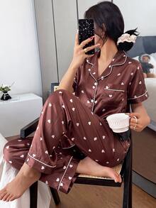 Napfluff 粉黑配色女款睡衣 1 套 心形印花 翻領仿絲舒適短袖 PJS 舒適優雅可愛細節 夏季睡眠 - 棕色 - 查看 1