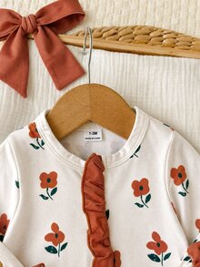 SHEIN Newborn Baby Floral Print Patchwork Ruffle Long Sleeve Romper - Yellow - View 4