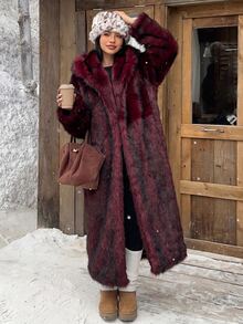 GalTyme Plus Size Women's Hooded Long Sleeve Loose Fashion Fuzzy Thick Coat - Burgundy - View 6