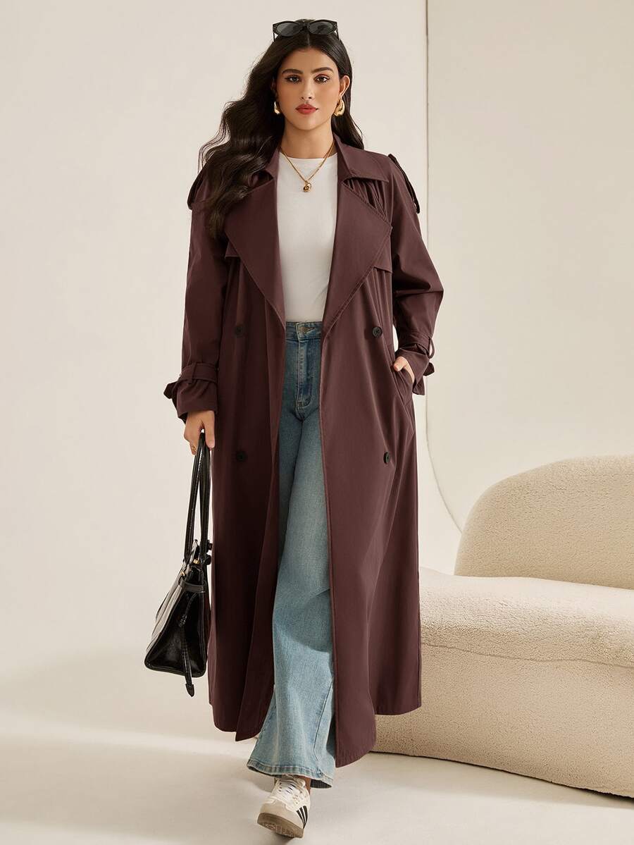 Auralis Plus Size Women's Brown Long Trench Coat, Elegant Office Formal ...