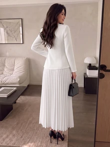 Modelyn New Woven Cardigan Long Sleeve Lace Patchwork Design Pleated Bottom Elegant Commute Fashion Versatile Long Women's 2 Pieces Set - White - View 2