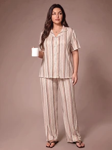 Lazeform Plus Size Fashionable Lapel Collar Minimalist Striped & Polka Dot Long Sleeve & Long Pants 2-Piece Pajama Set - Multicolor - View 4