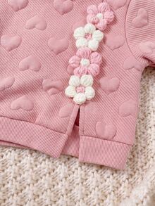 SHEIN 新生兒嬰兒 3D 花卉裝飾長袖上衣與長褲休閒日常套裝 - 粉色 - 查看 9